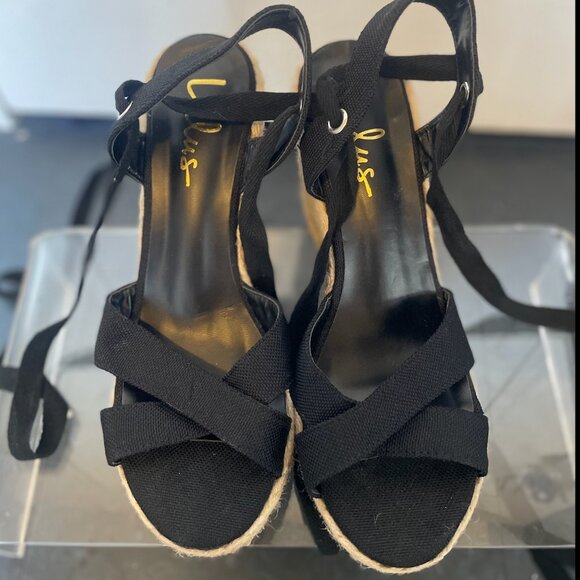 Lulus NWOT Esme Black Lace-Up Espadrille Wedges - Picture 3 of 6